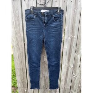 Skinny Raw Hem Statement Jeans 27 Blue Dark Wash Stretch Denim